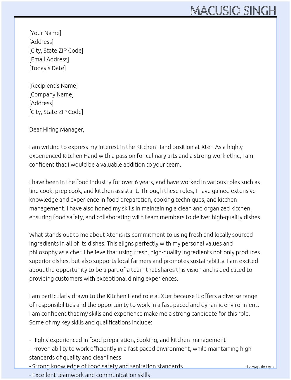Kitchen Hand At Xter Cover Letter