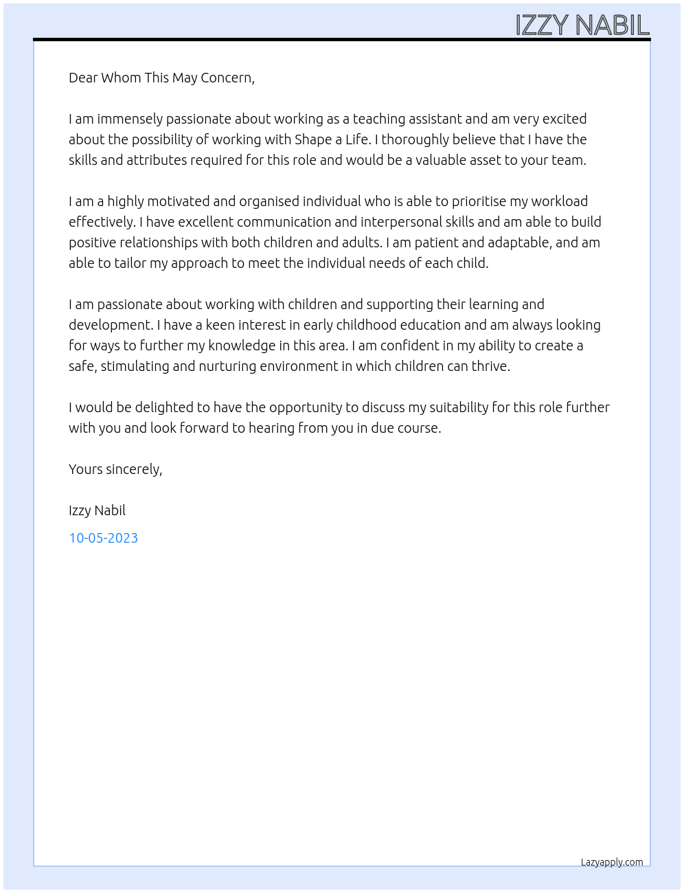 Teaching assistant At Shape a life Cover Letter