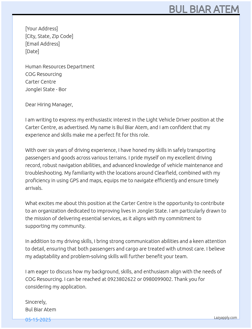 Light Vehicle Driver At COG Resoucing Cover Letter