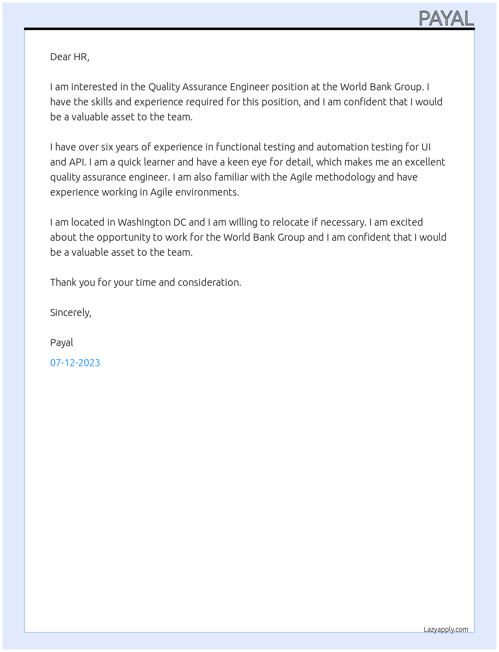 Quality Assurance Engineer At World bank group Cover Letter