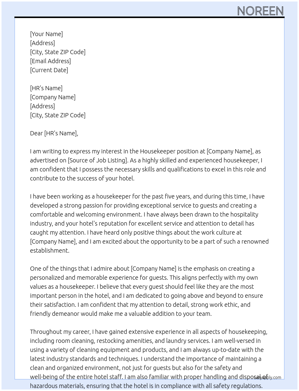 housekeeper At hotel Cover Letter