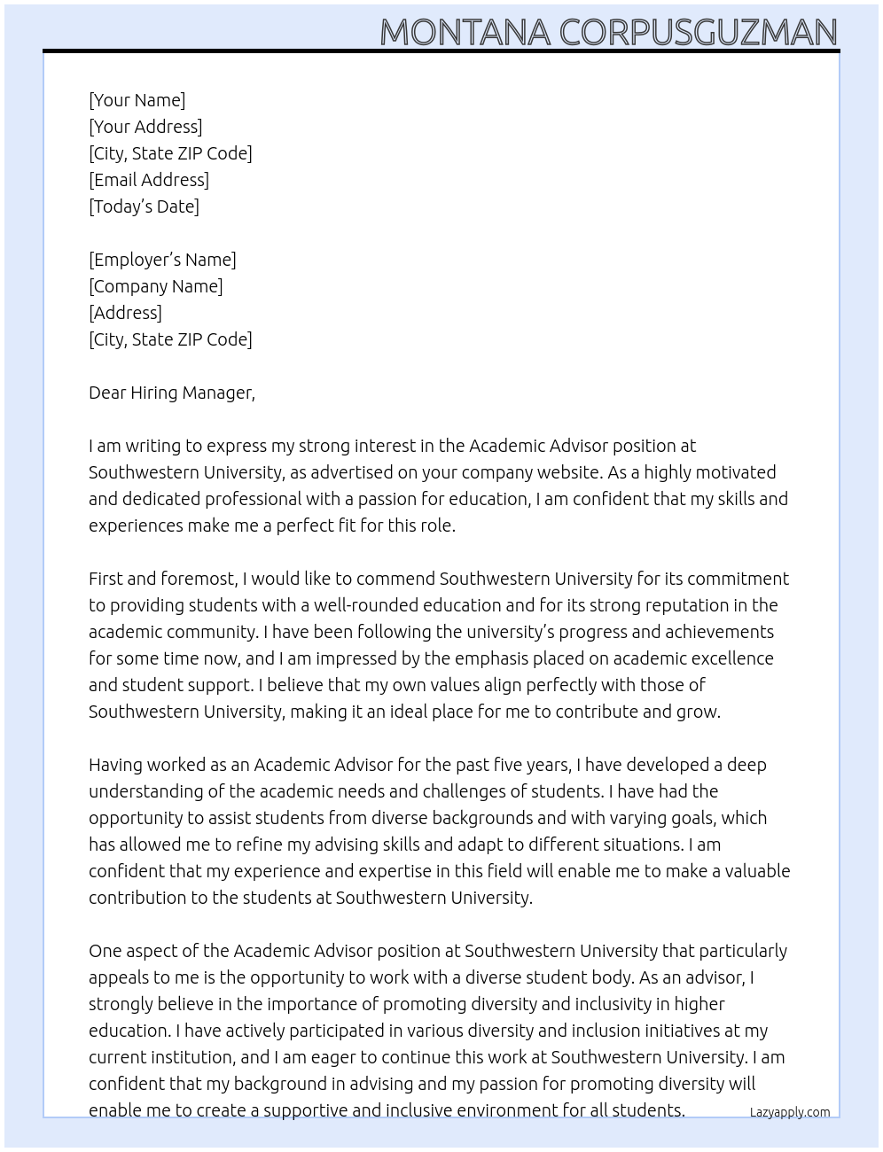 Academic Advisor At Southwestern University Cover Letter
