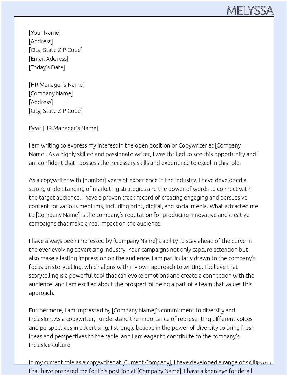 copywriter At X Cover Letter