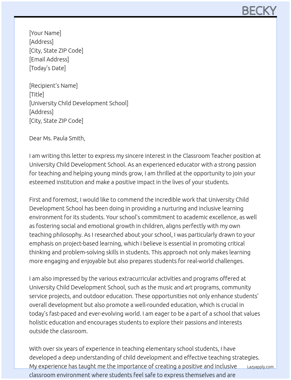 Classroom Teacher At University Child Development School  Cover Letter