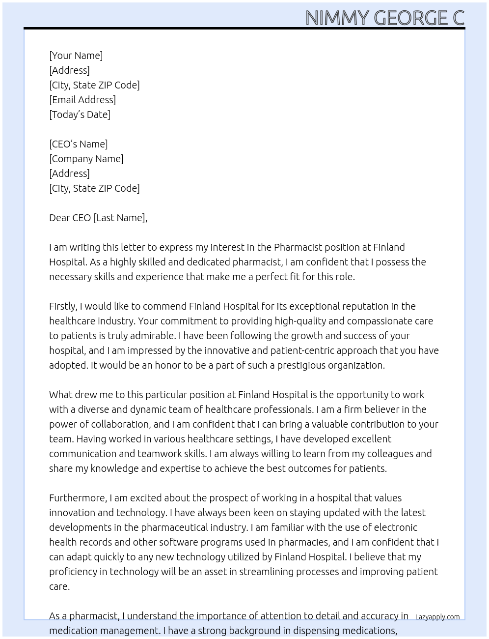 Pharmacist At finland hospital Cover Letter