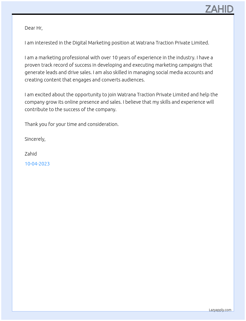 Digital Marketing At Watrana Traction Private Limited Cover Letter