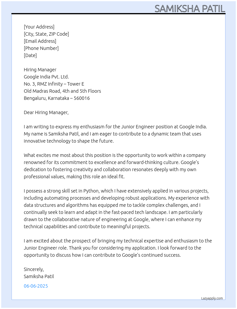 Junior engineer At Google Cover Letter