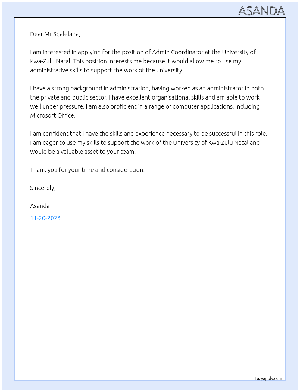 Admin Coordinator  At University of Kwa-Zulu Natal Cover Letter