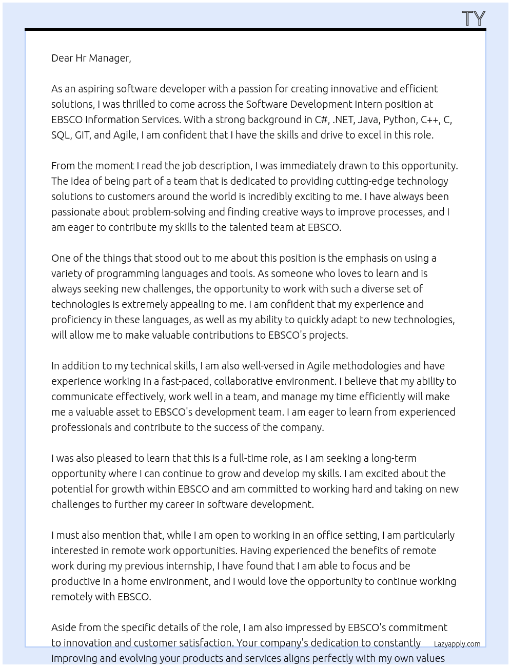 Software Development Intern At EBSCO Information Services Cover Letter