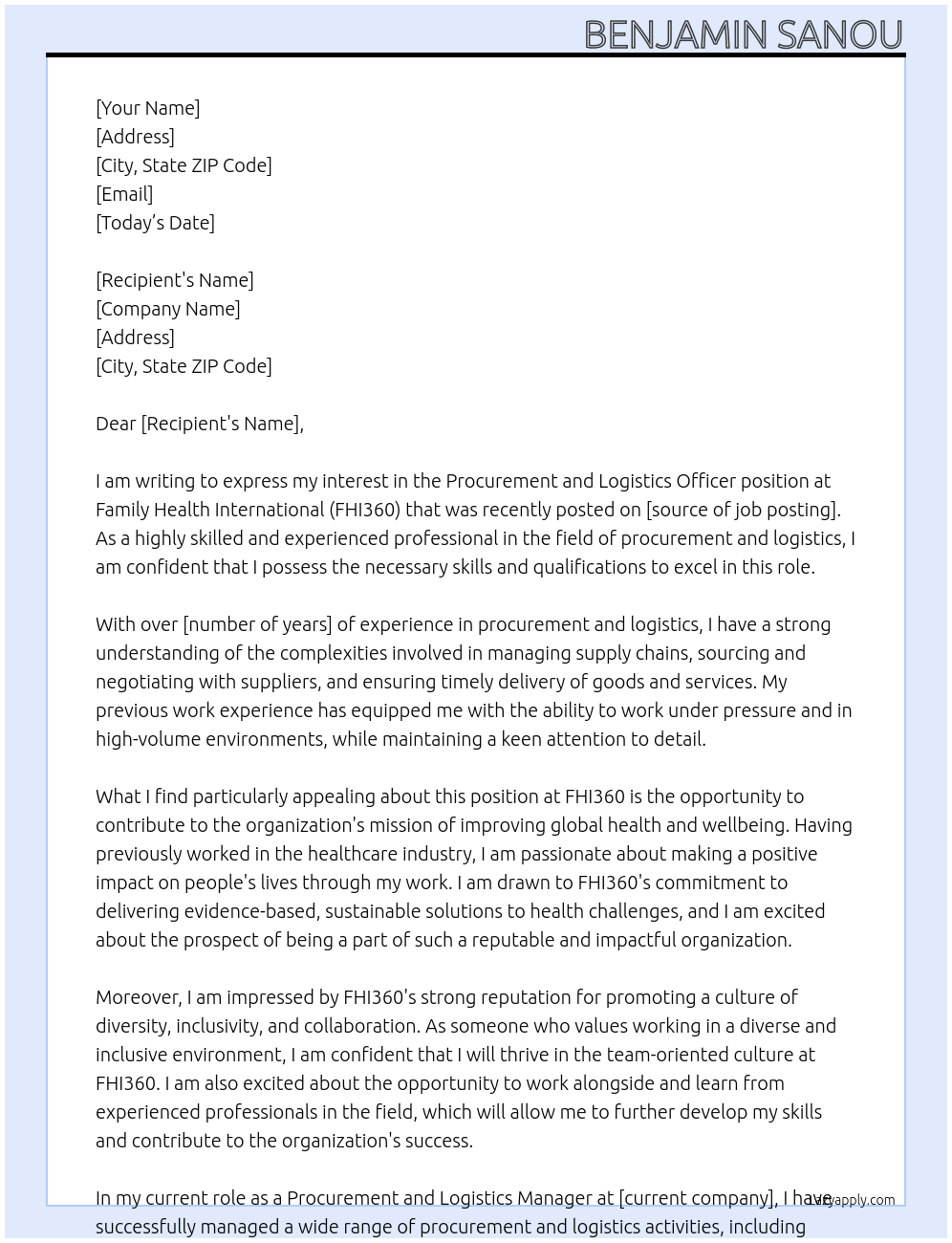 Procurement and Logistics Officer At Family Health International (FHI360) Cover Letter