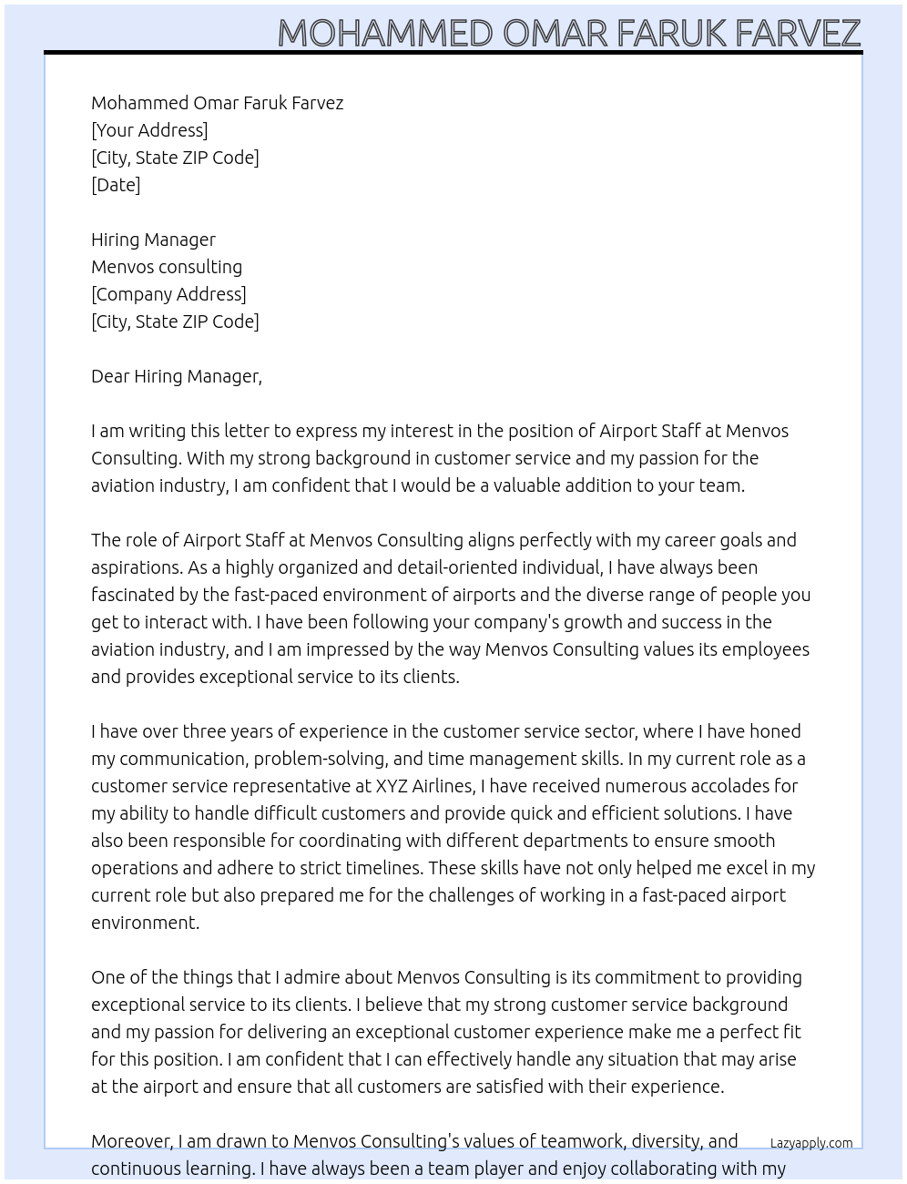 Airport staff At Menvos consulting  Cover Letter