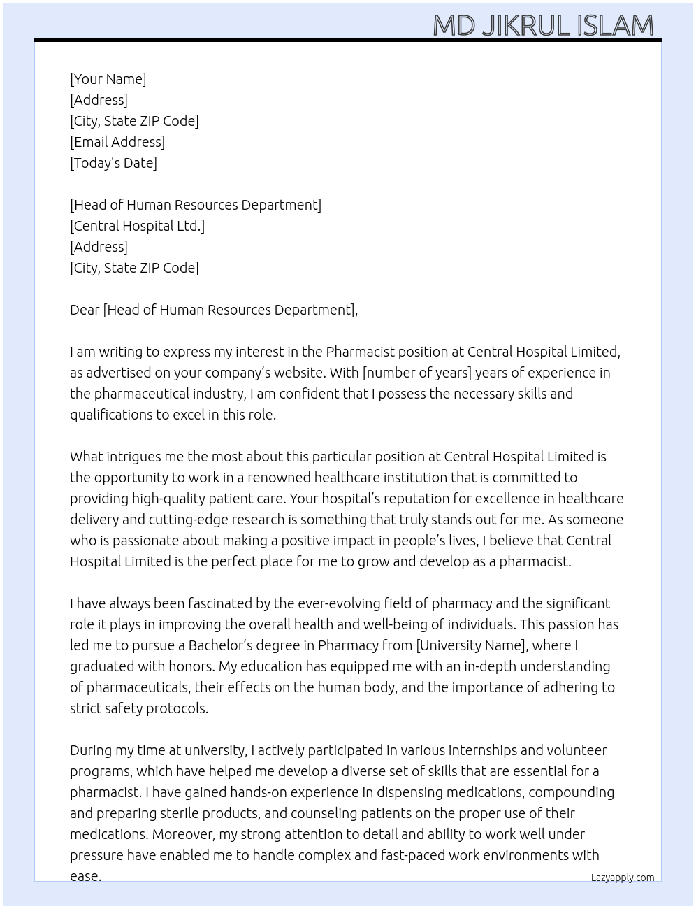 Pharmacist At Central Hospital Limited Cover Letter