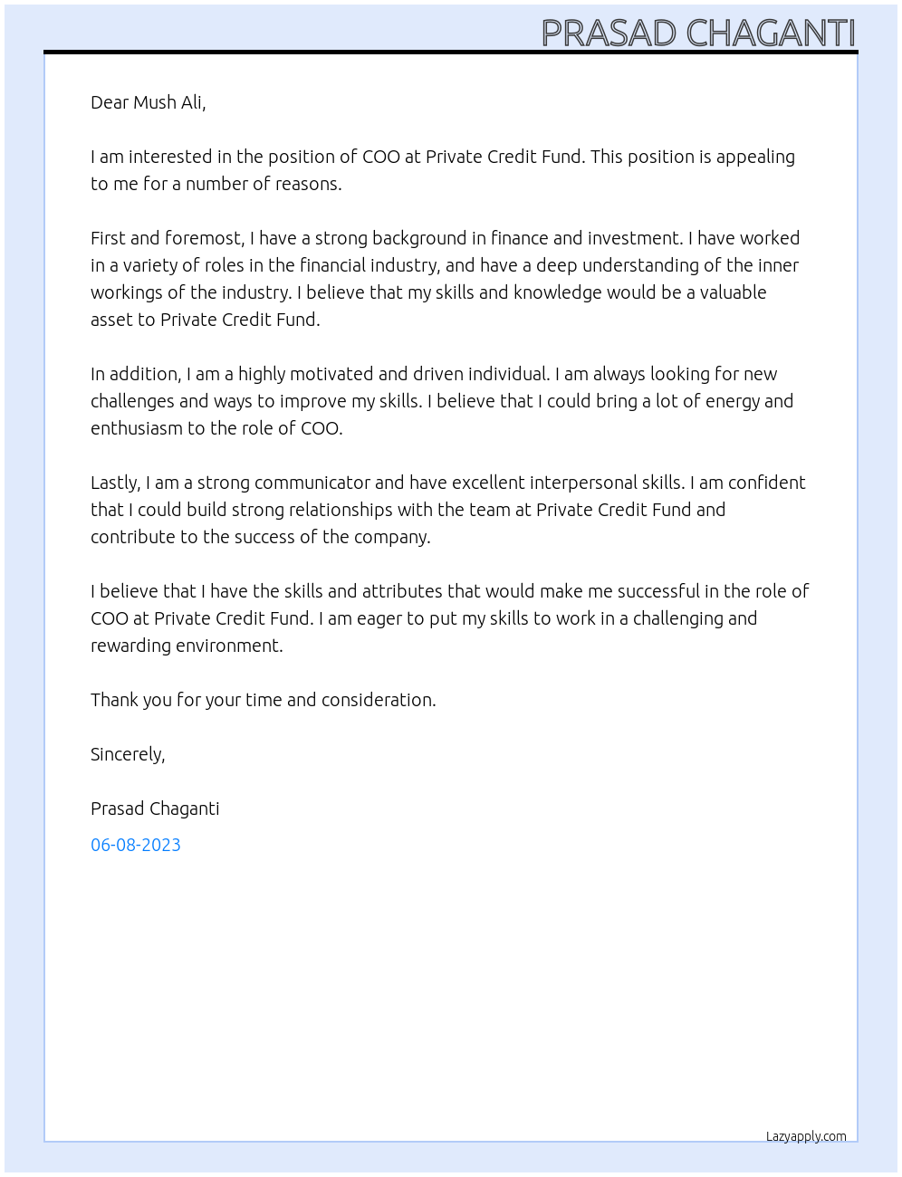 COO At Private Credit Fund Cover Letter