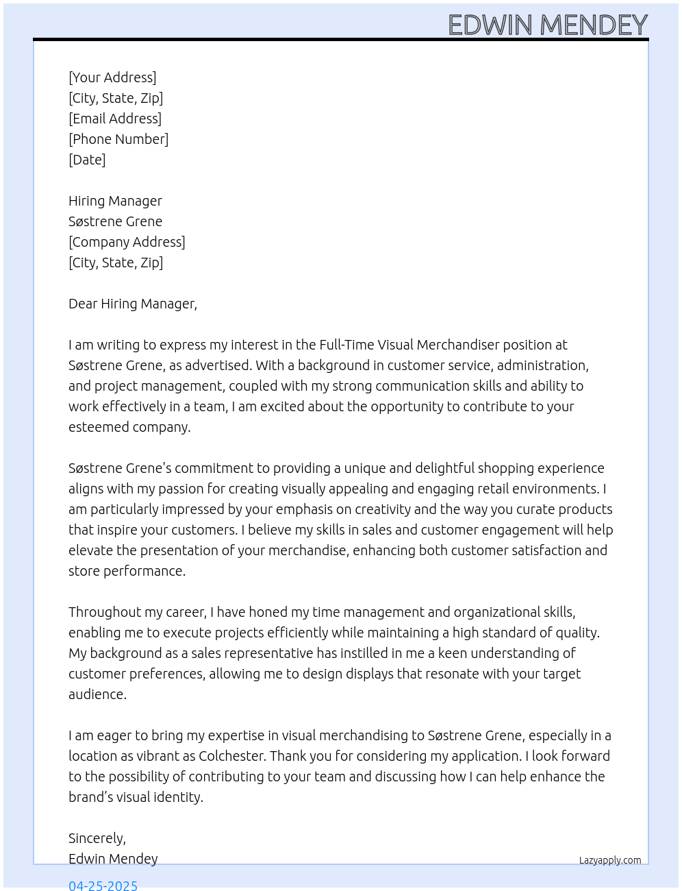 Visual Merchandiser At Søstrene Grene Cover Letter