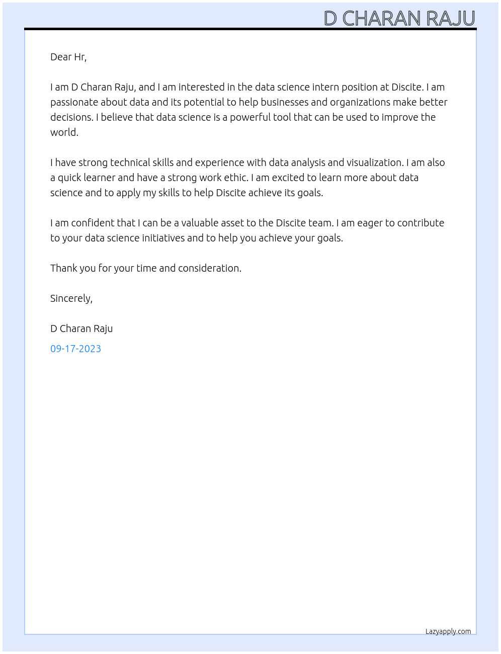 Data science intern At Discite Cover Letter