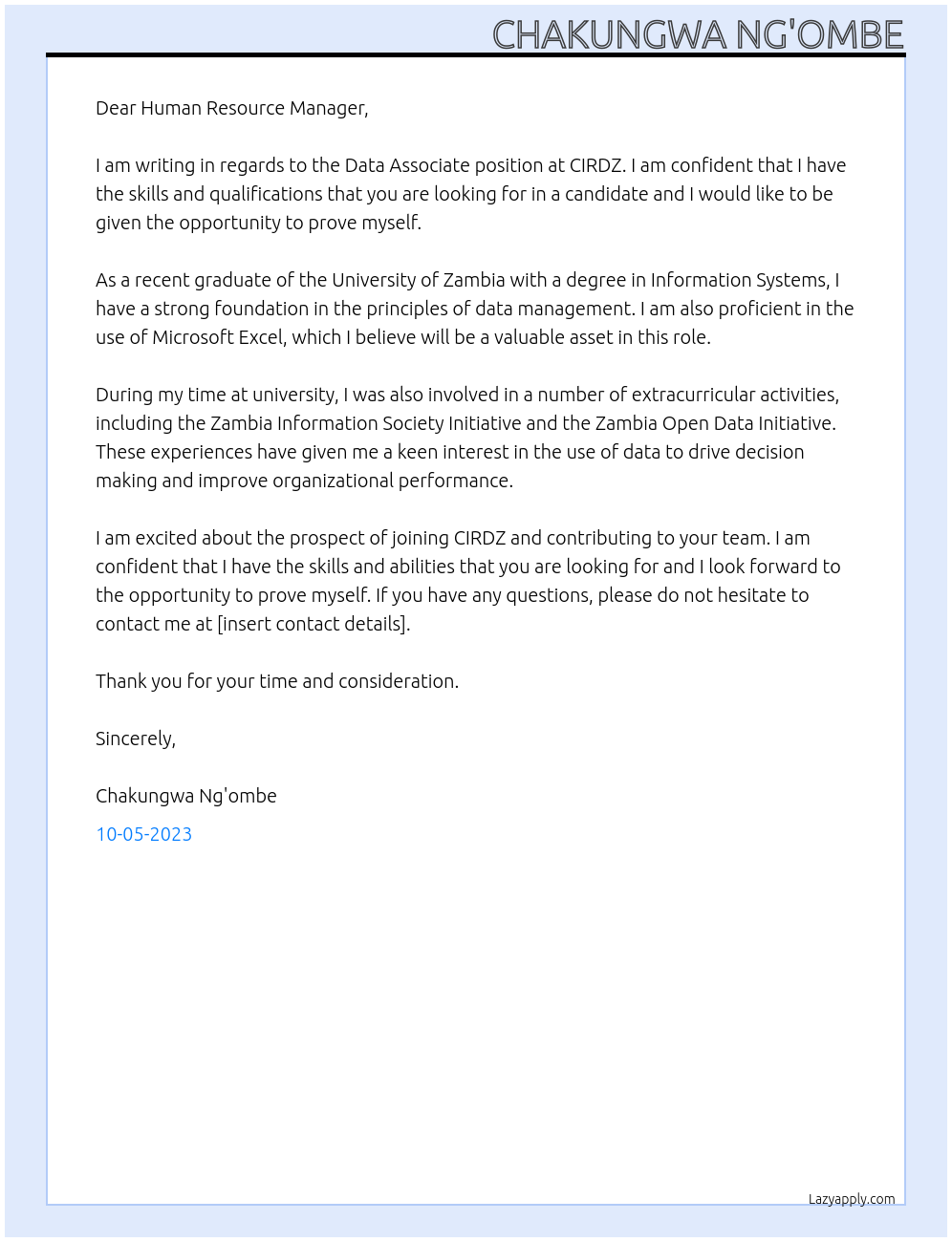 Data Associate  At CIRDZ Cover Letter