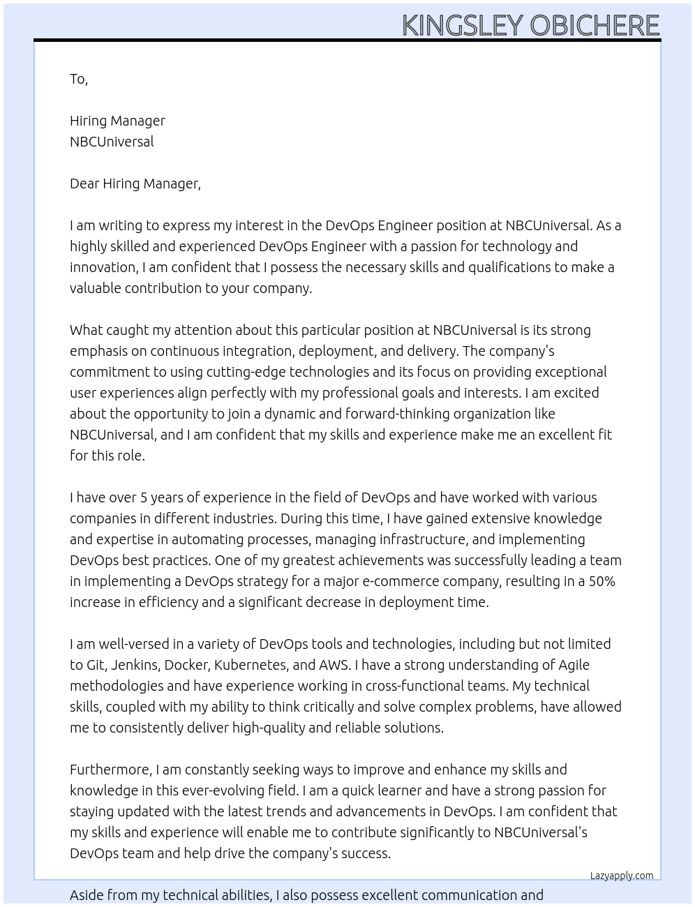 DevOps Engineer At NBCUniversal Cover Letter