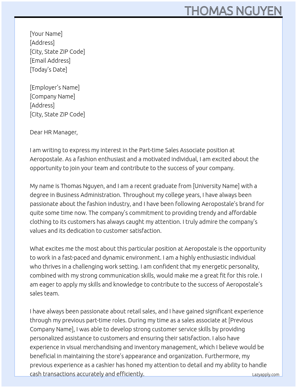 Part-time Sales Associate At Aeropostale Cover Letter