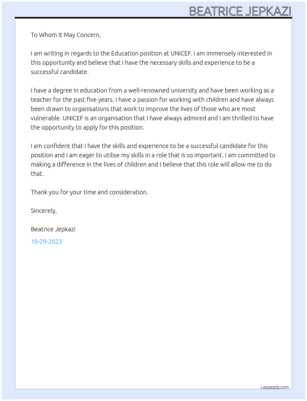 Education At UNICEF Cover Letter