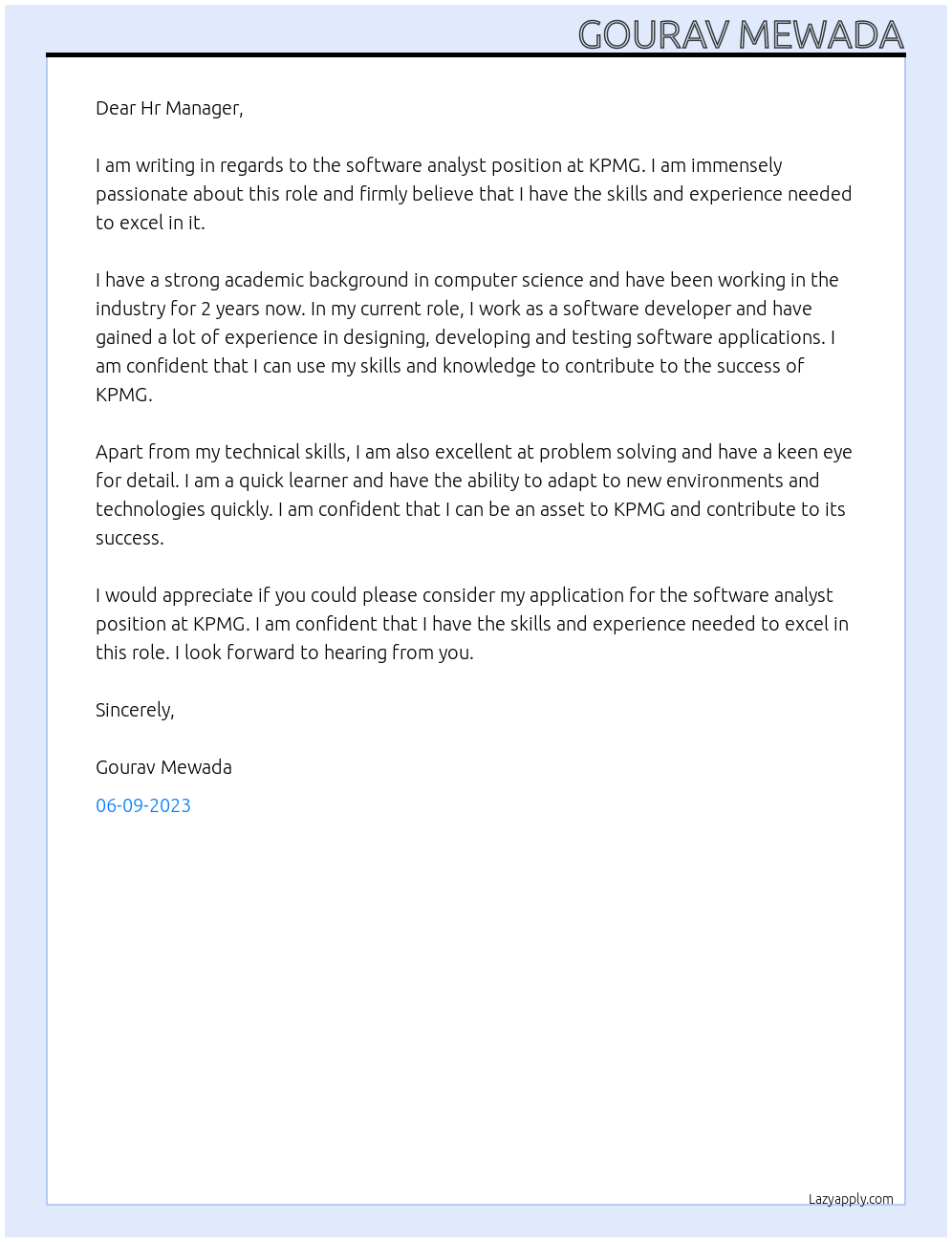 Software analyst At KPMG Cover Letter