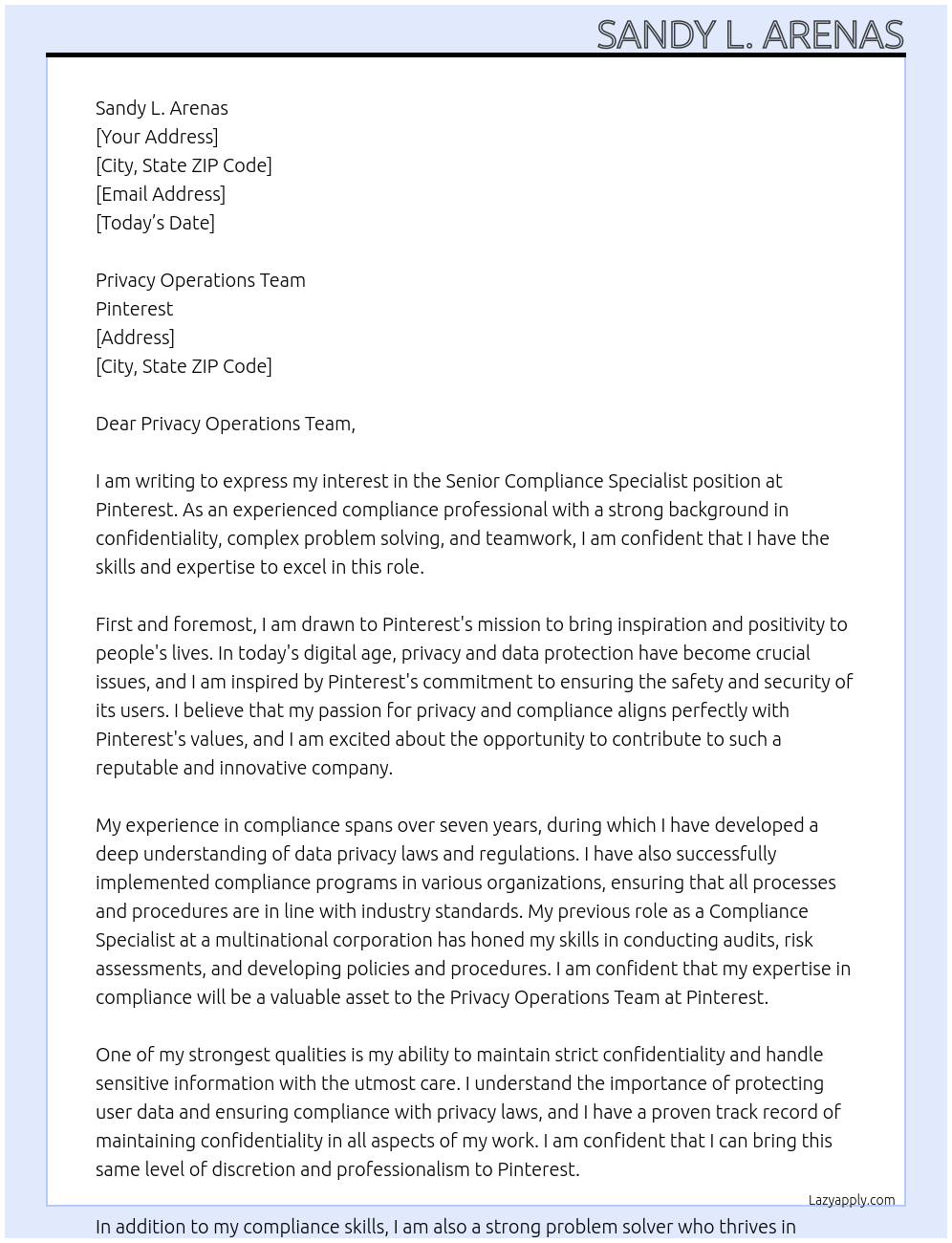 senior compliance specialist At Pinterest Cover Letter