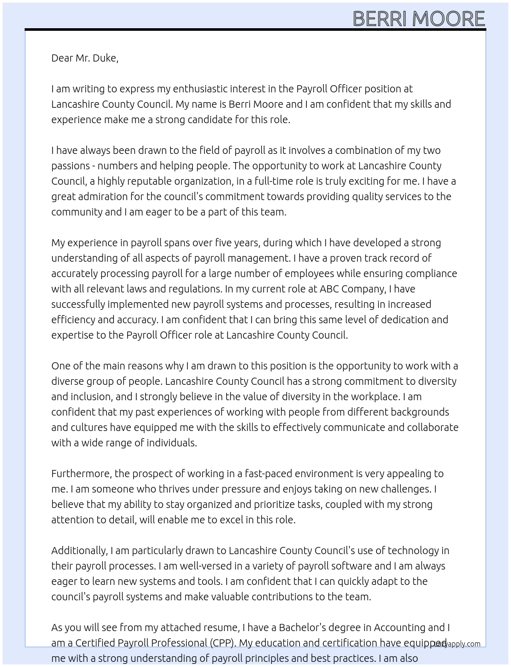 Payroll officer At Lancashire county council Cover Letter