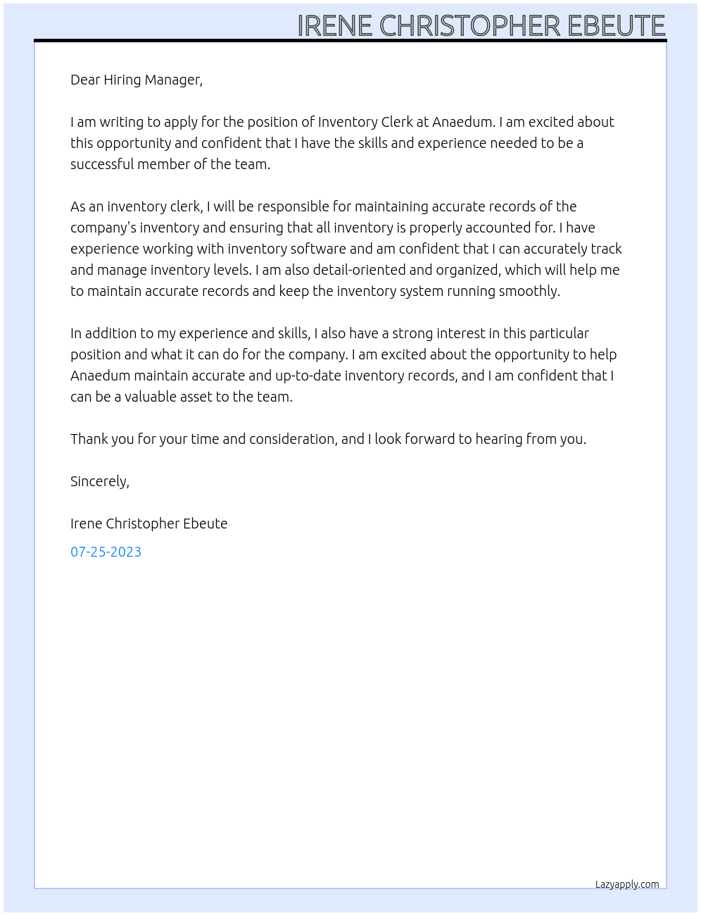 Inventory Clerk At Anaedum Cover Letter