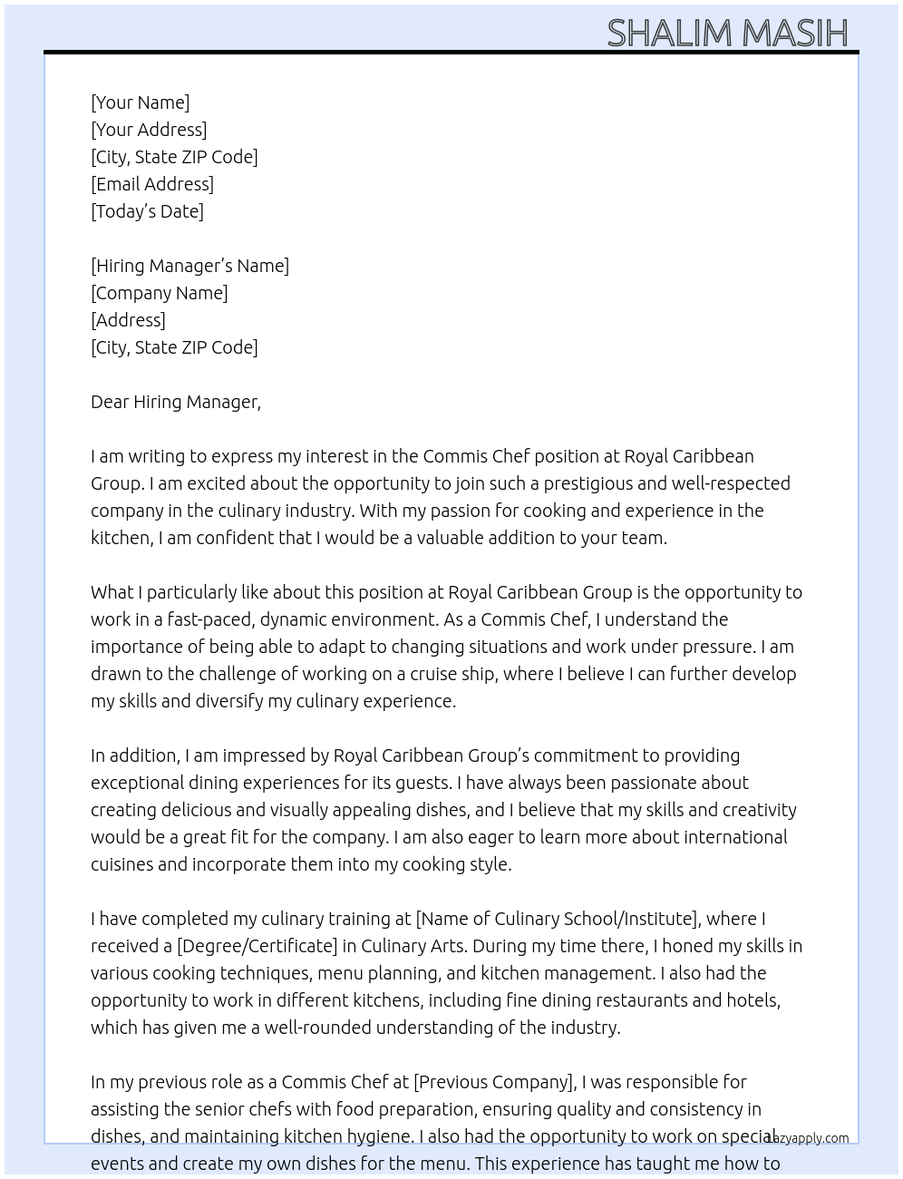 Commis chef At Royal Caribbean group Cover Letter