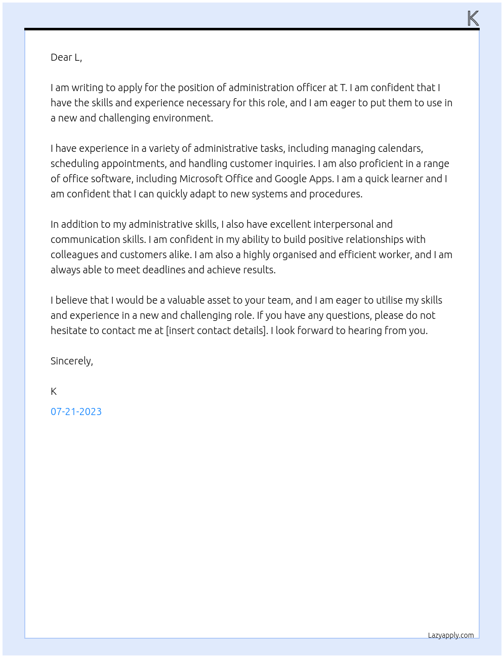 administration officer At T Cover Letter