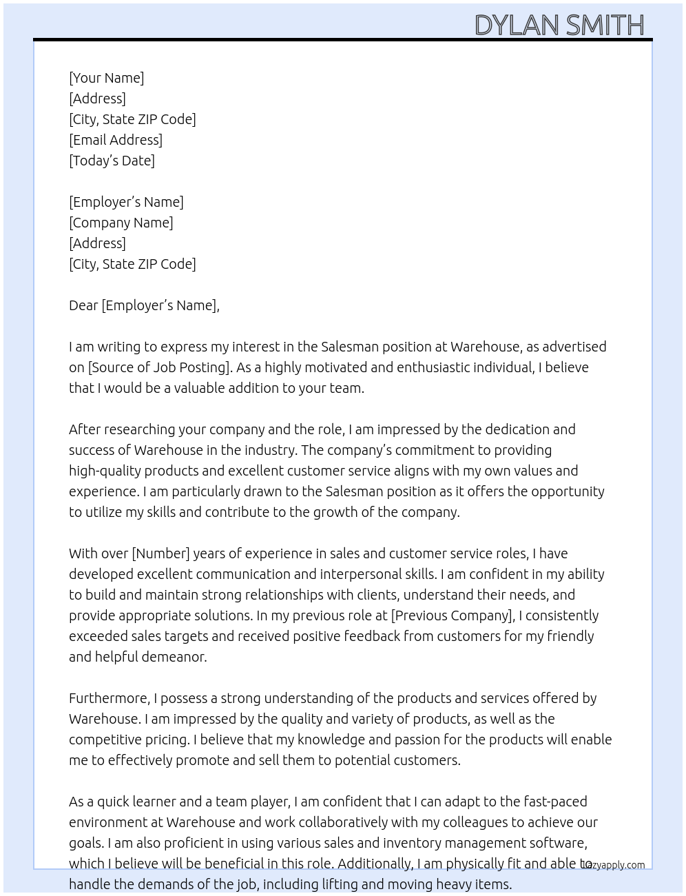 Salesman At Warehouse Cover Letter