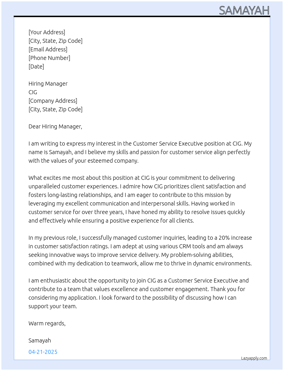 Customer service executive At CIG Cover Letter