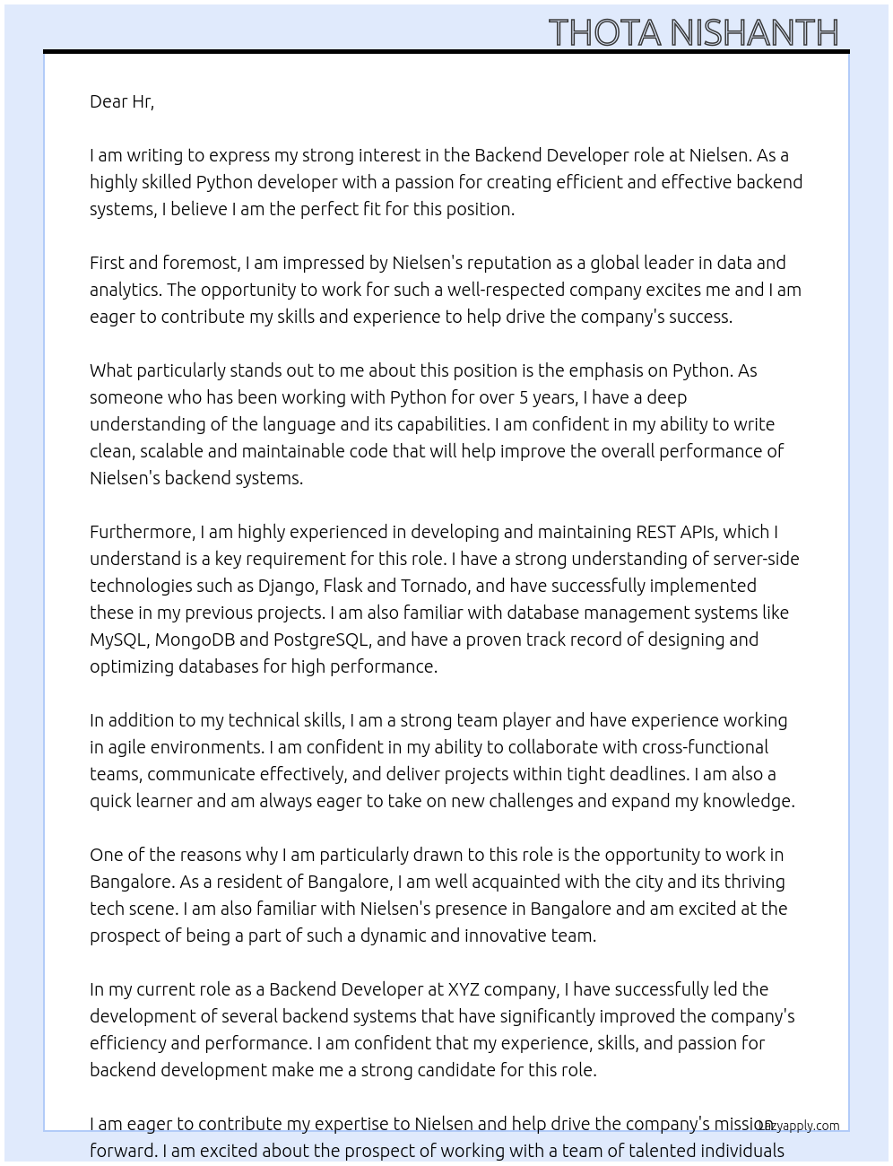 Backend developer At Nielsen Cover Letter