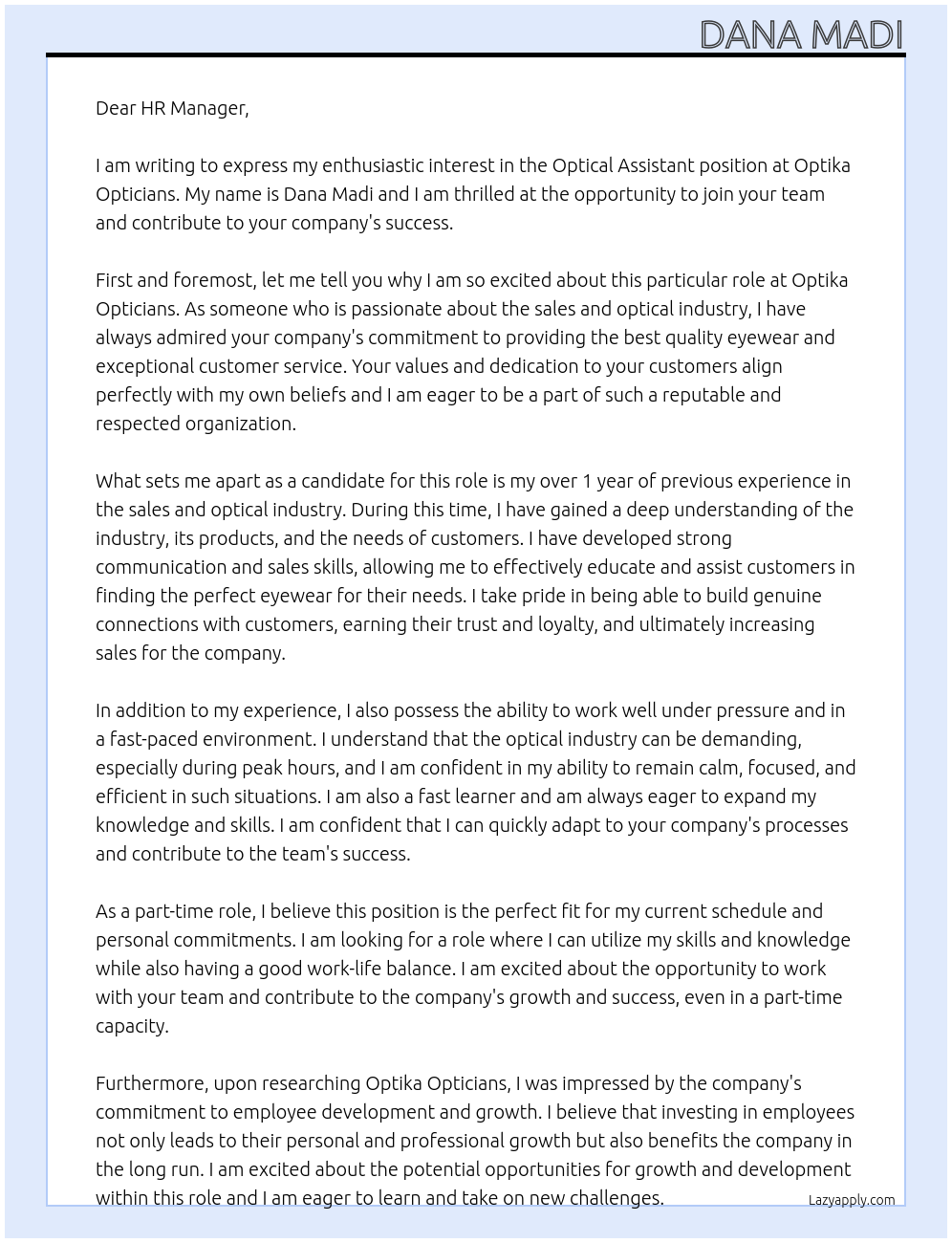 Optical Assistant At Optika Opticians Cover Letter