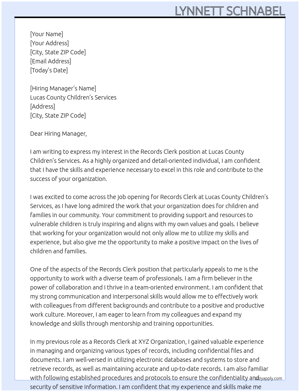 Records Clerk At Lucas County Children's Services Cover Letter