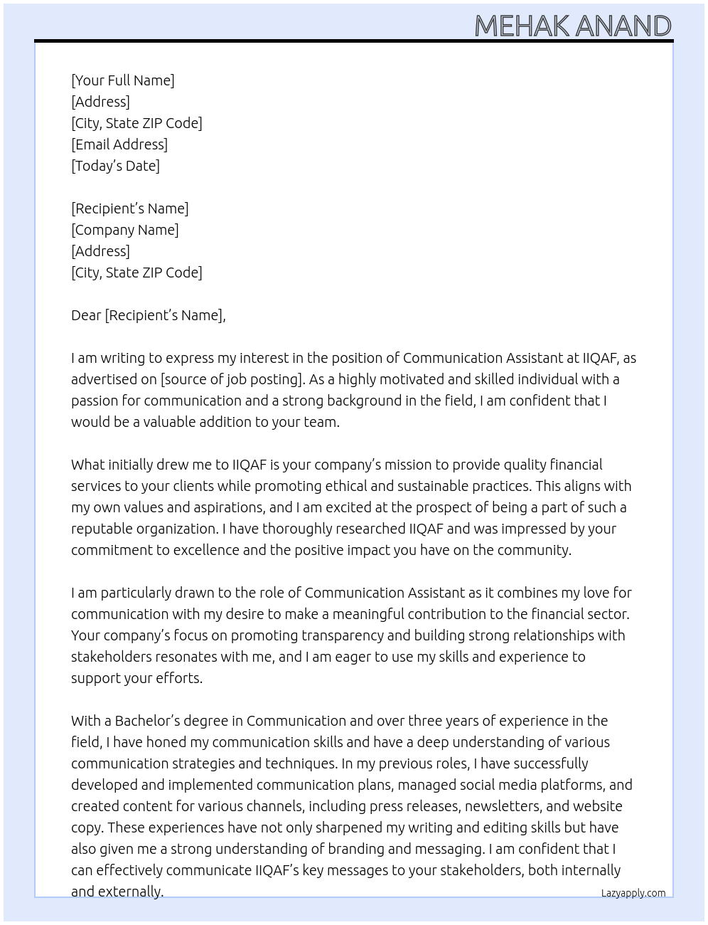 Communication Assistant At IIQAF Cover Letter