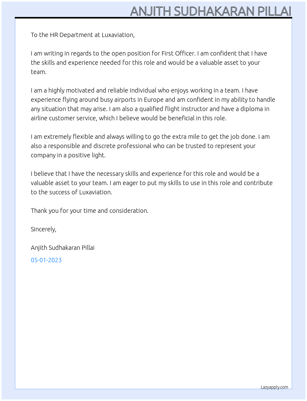 First Officer At Luxaviation Cover Letter