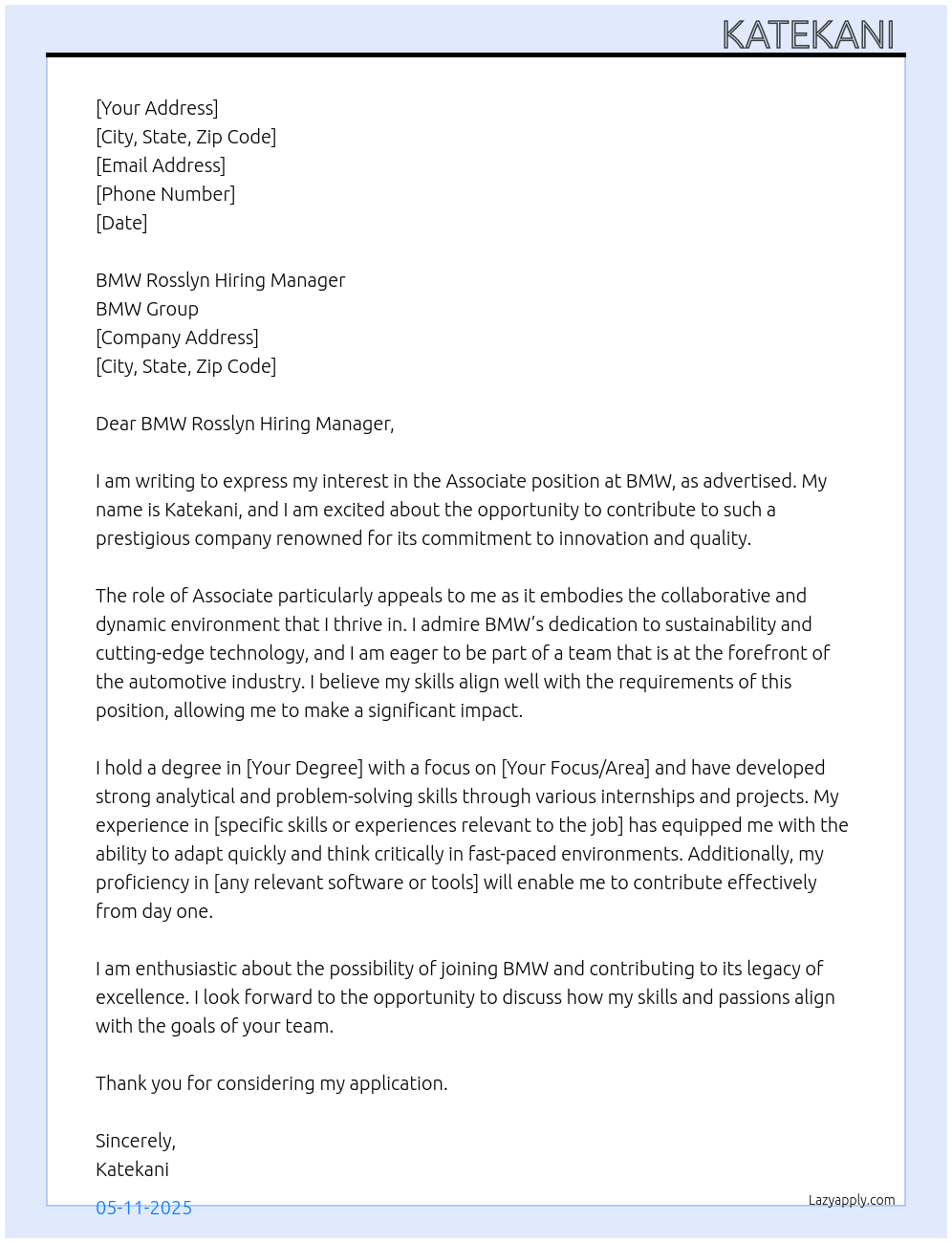 Associate  At BMW Cover Letter