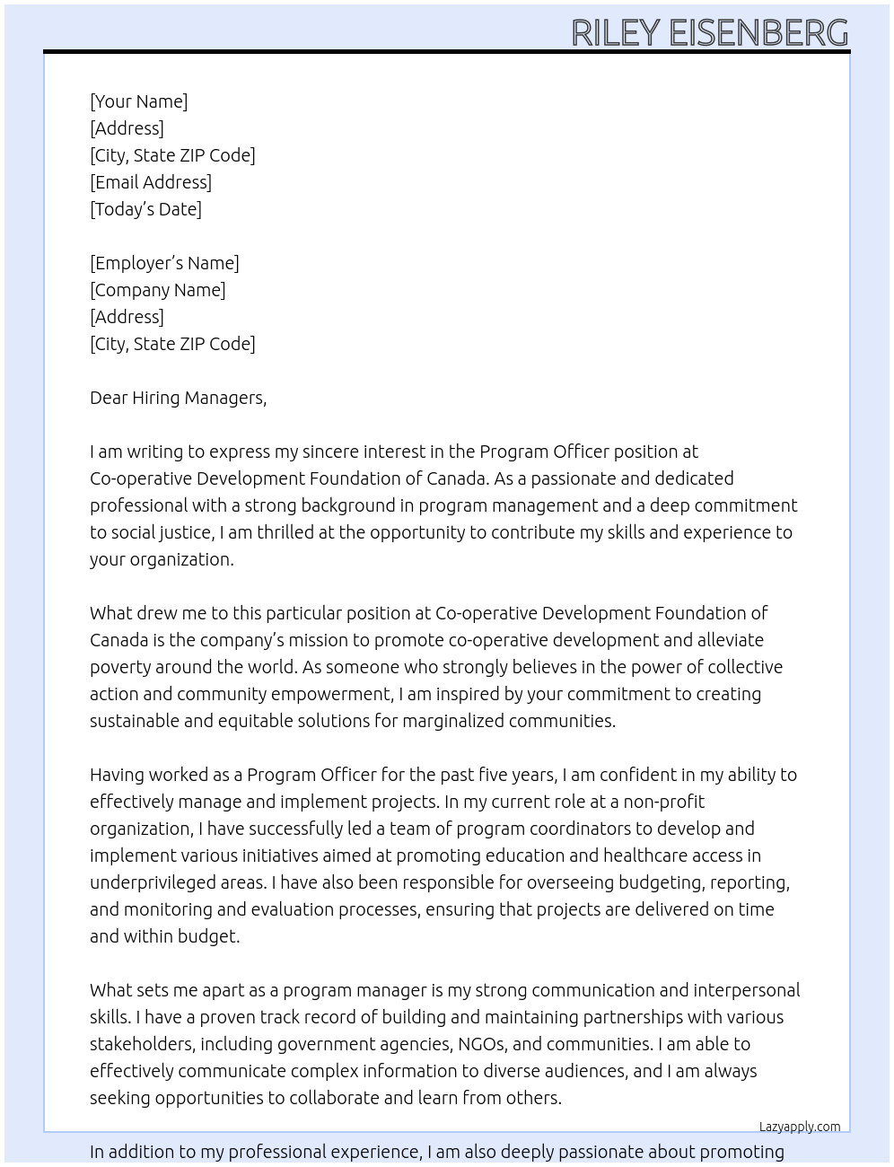 Program Officer At Co-operative Development Foundation of Canada Cover Letter