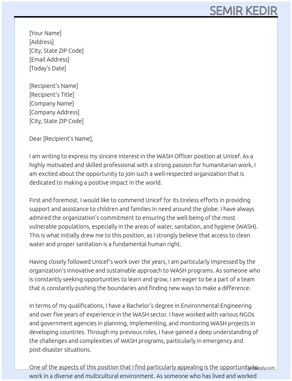 WASH Officer At Unicef Cover Letter