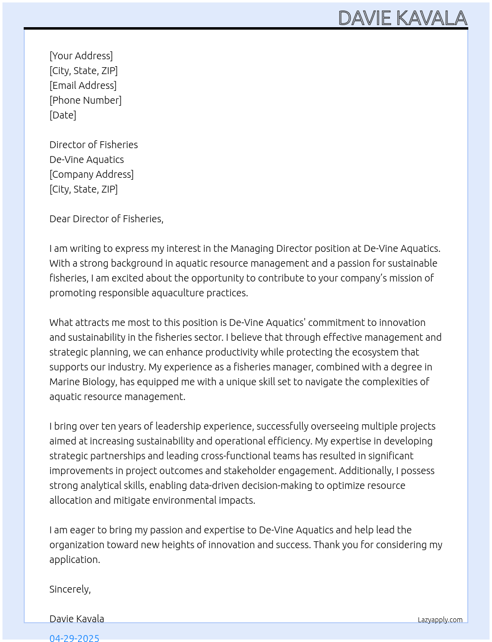 Cover letter for managing director - LazyApply