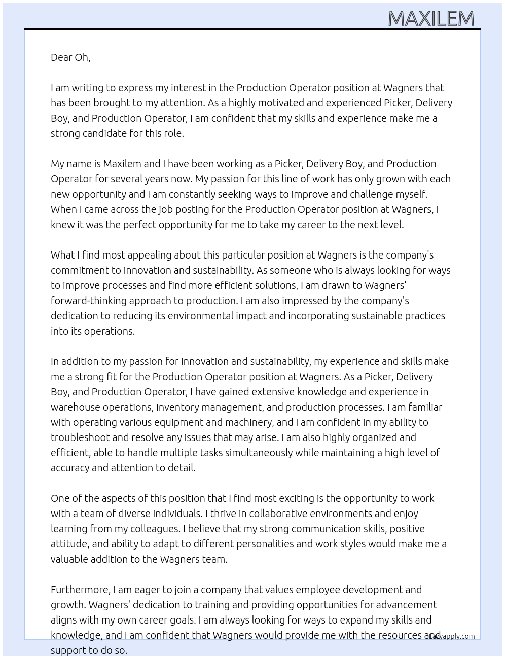 Production Operator At Wagners Cover Letter