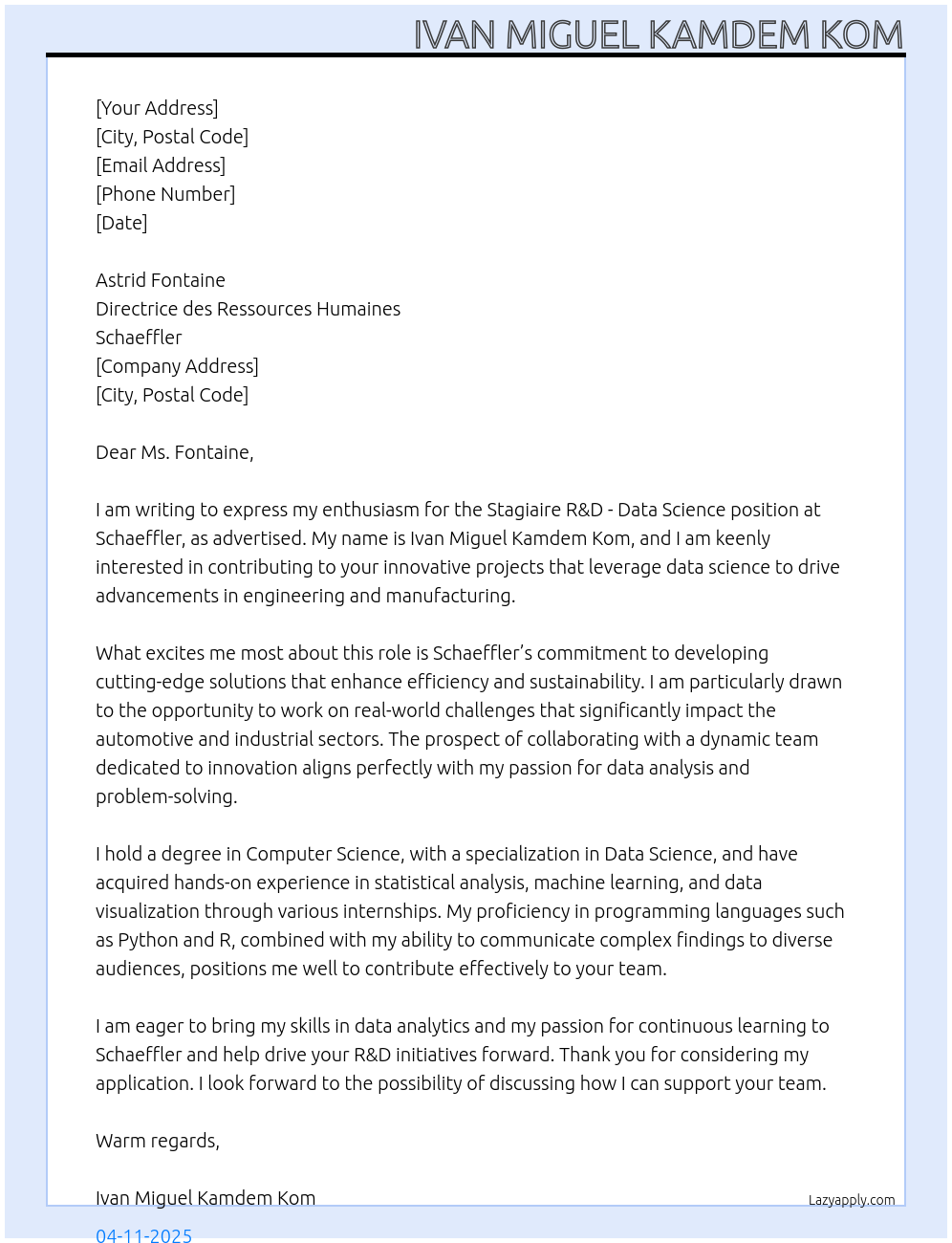 Stagiaire R&D - Data Science H/F At Schaeffler Cover Letter