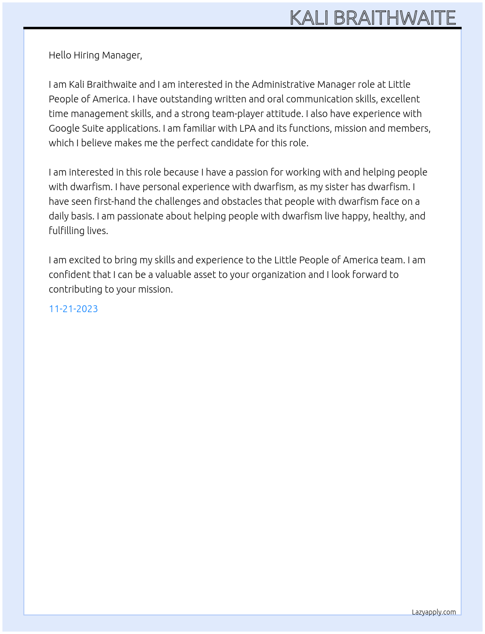 Administrative Manager  At Little People of America Cover Letter