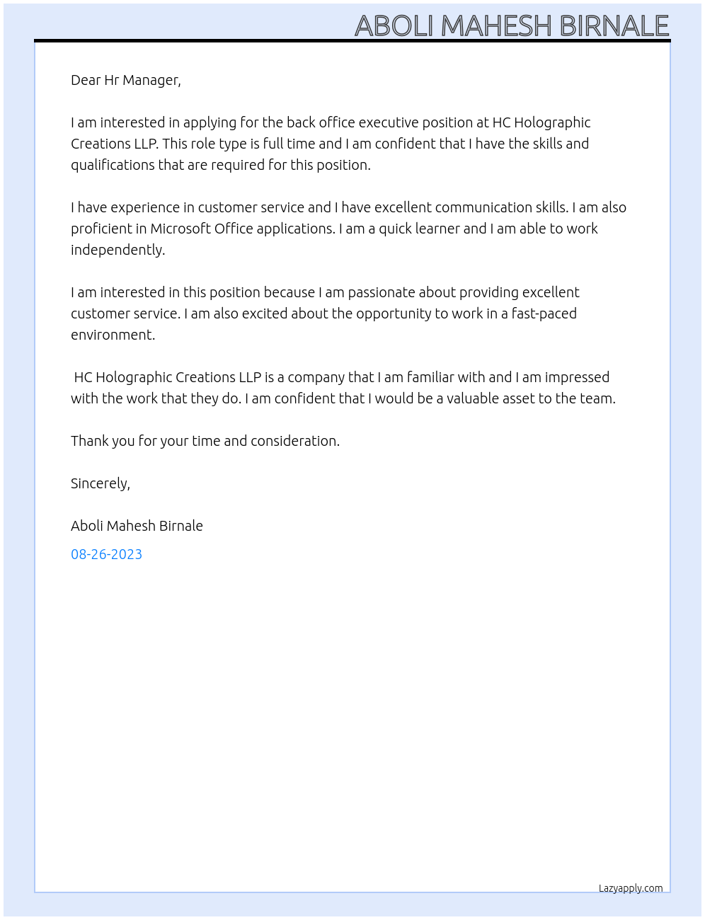 back office executive At HC Holographic Creations LLP Cover Letter