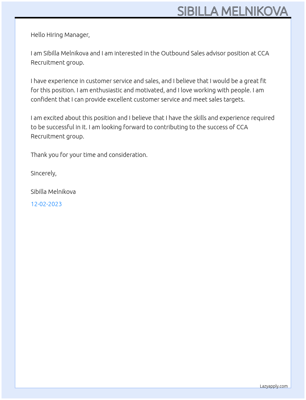 Outbound Sales advisor At CCA Recruitment group Cover Letter