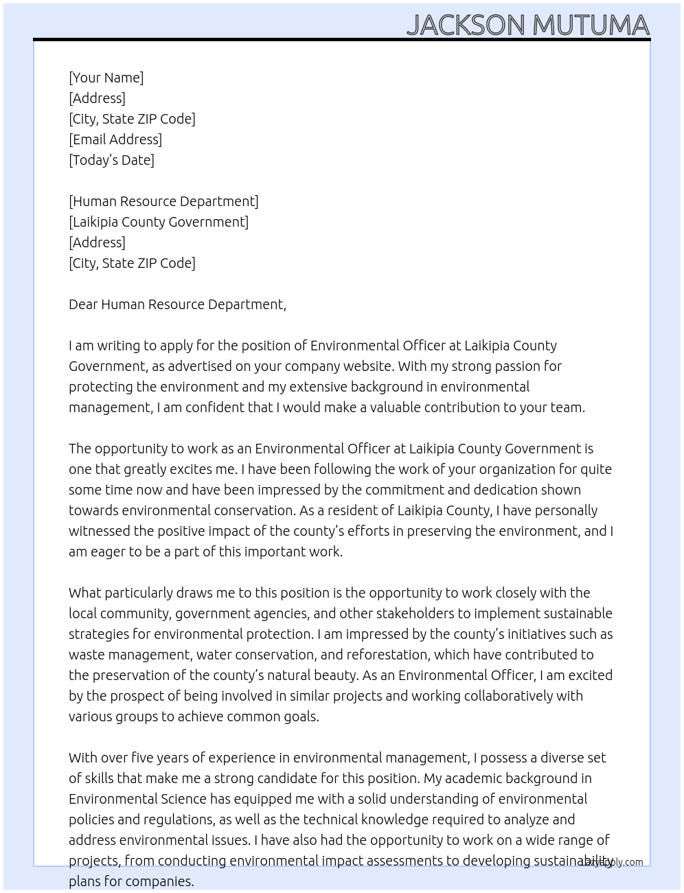 environmental officer At laikipia county government Cover Letter