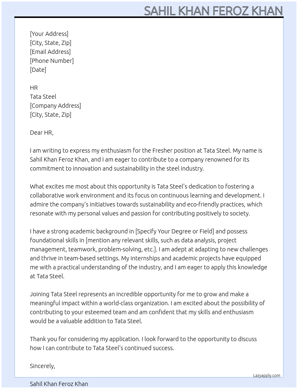 Fresher At Tata Steel Cover Letter