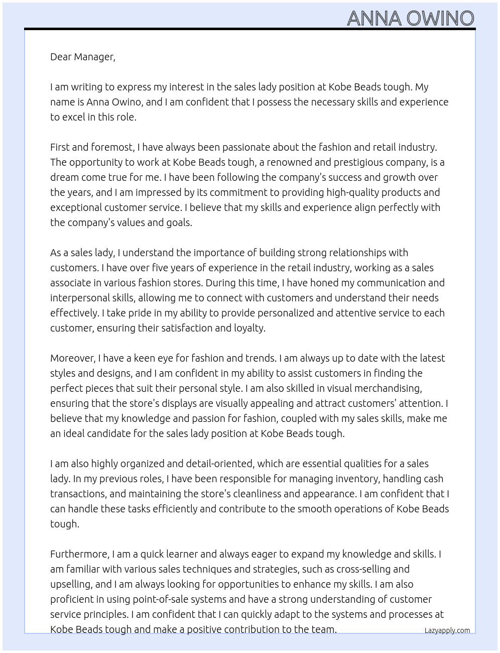 sales lady At Kobe Beads tough Cover Letter