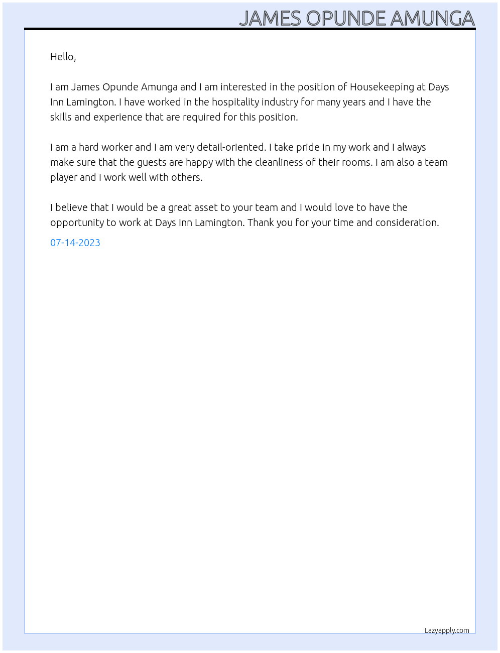 Housekeeping At Days Inn lamington Cover Letter