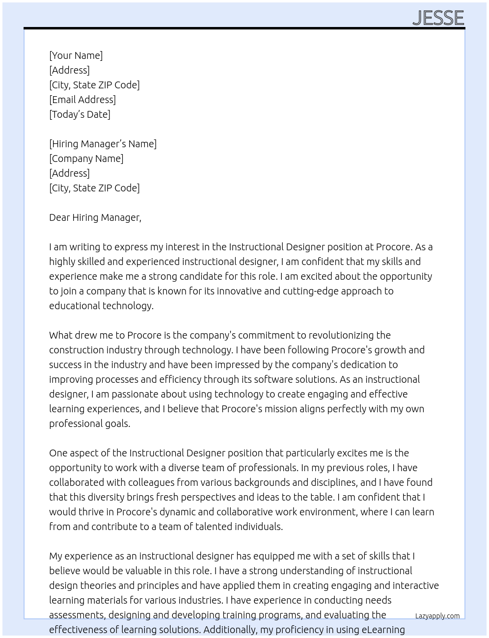 instructional designer At procore Cover Letter